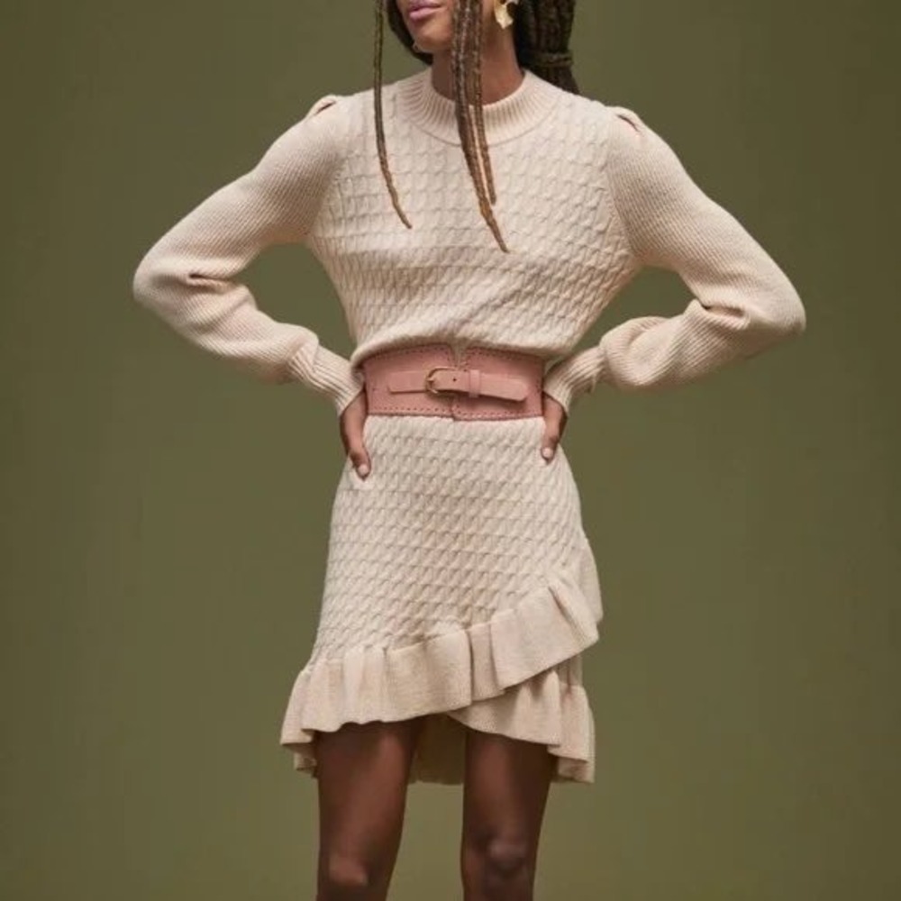 NEW Anthropologie Flat White cable knit ruffle sweater dress Size M tan beige - Picture 1 of 10